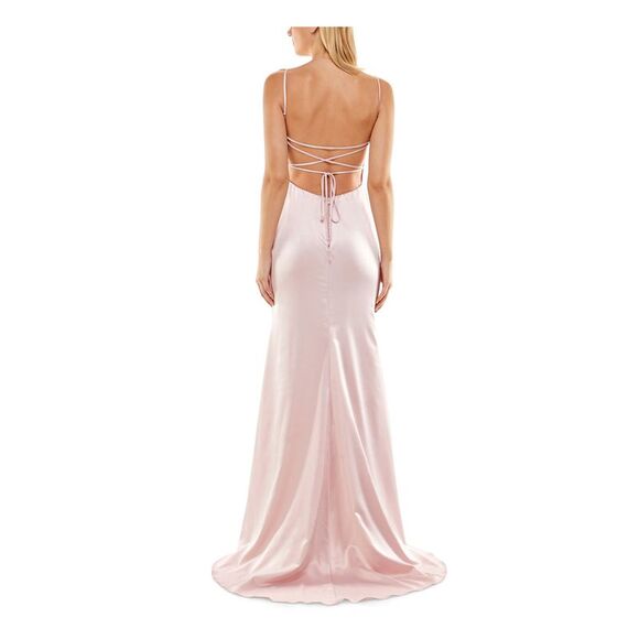 NWT B DARLIN Womens Pink Lace-up Back High Side Slit Formal Dress 7\8 - Picture 2 of 5